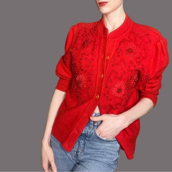 VINTAGE 3D Floral Appliqué Embroidered Beaded Soft Angora Wool Cardigan Sweater - Picture 15 of 17